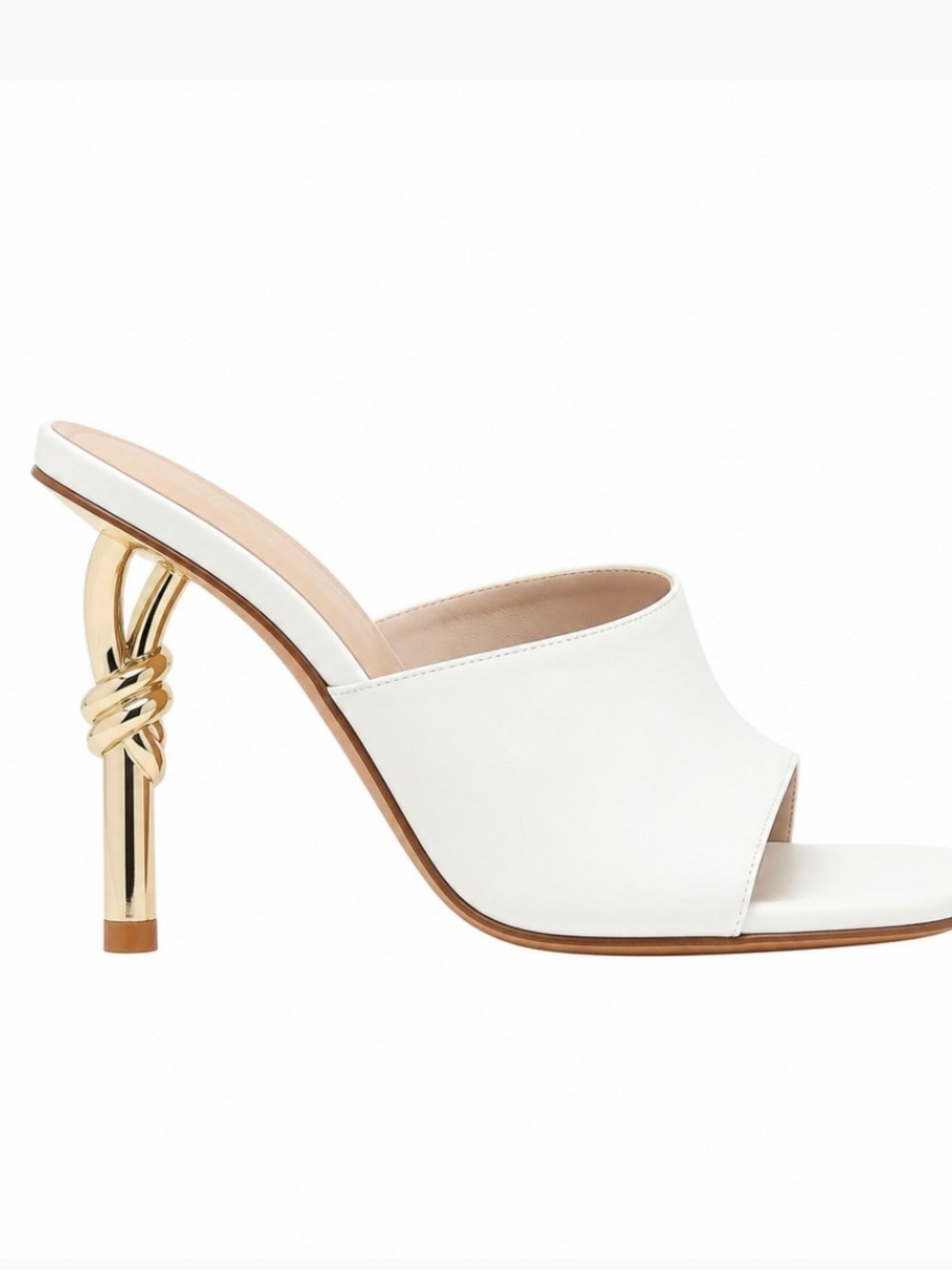 EGO White Leather Open-Toe Mule with Gold Knot Heel